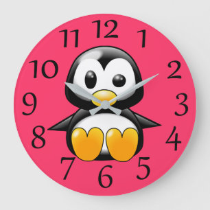 Grande Horloge Ronde Pingouin de Pink Wall Clock