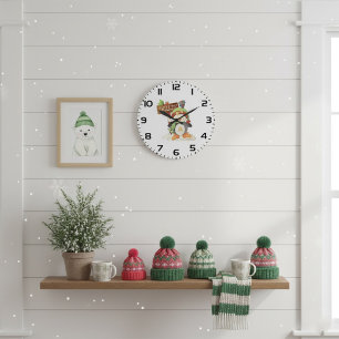 Grande Horloge Ronde Pingouin d'hiver et oiseau Chillin Noël