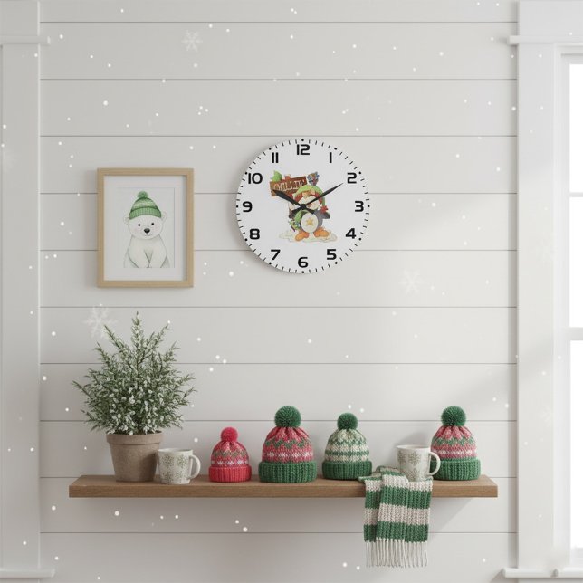 Grande Horloge Ronde Pingouin d'hiver et oiseau Chillin Noël (Créateur téléchargé)