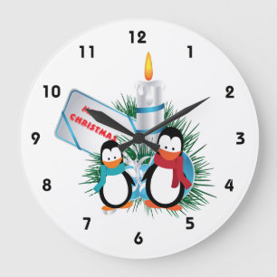 Grande Horloge Ronde Pingouins et bougies Noël coutume