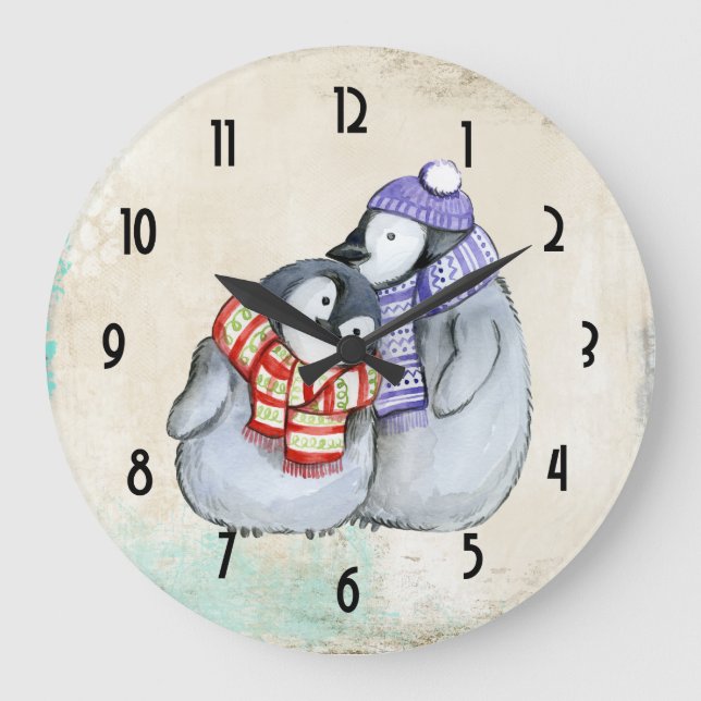 Grande Horloge Ronde Pingouins mignons en Écharpe d'hiver et Casquette (Recto)