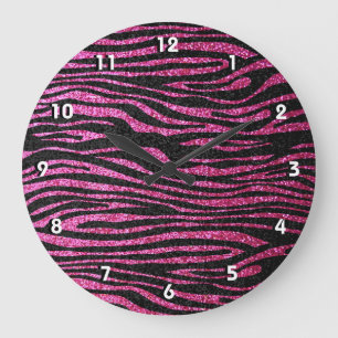 Grande Horloge Ronde Pink and Black Zebra Print bling (faux glitter)