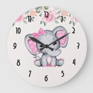 Grande Horloge Ronde Pink Baby Elephant and Roses Border