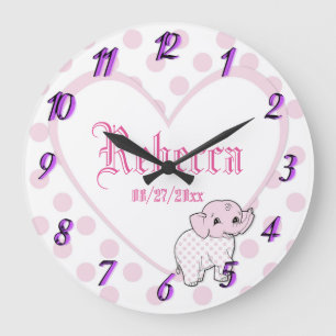 Grande Horloge Ronde Pink Baby Girl Elephant Heart and Polka Dots