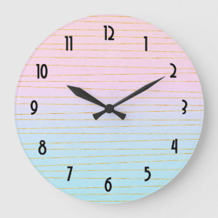 Grande Horloge Ronde Pink Blue Pastel dégradé avec Gold Lines