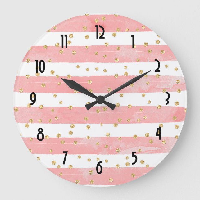 Grande Horloge Ronde Pink Blush Stripes with Faux Gold Confeti (Recto)