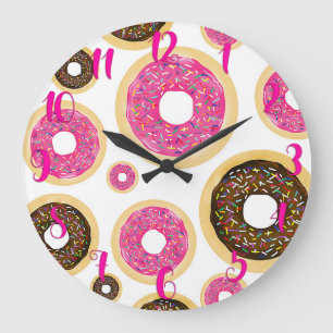 Grande Horloge Ronde Pink & Brown Sprinkts Donuts Moderne Fun Cute