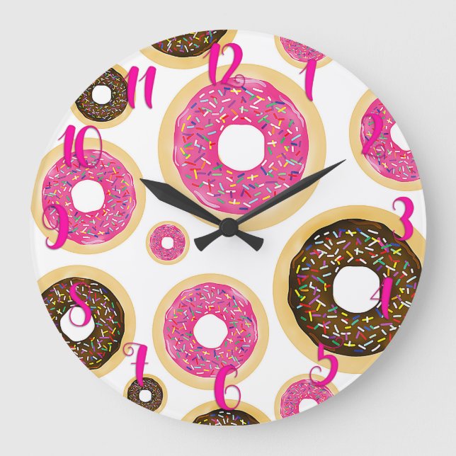 Grande Horloge Ronde Pink & Brown Sprinkts Donuts Moderne Fun Cute (Recto)