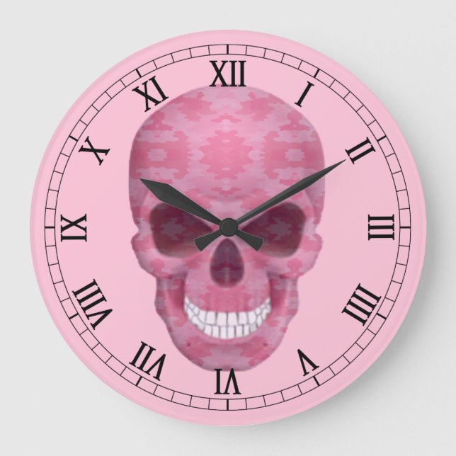 Grande Horloge Ronde Pink Camouflage Skull Roman Numeral Clock (Recto)