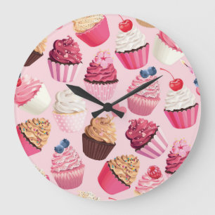 Grande Horloge Ronde Pink Cupcakes Pastel : Motif Vintage.