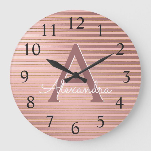 Grande Horloge Ronde Pink et Rose Gold Foil Strigramme Nom du monogramm (Recto)