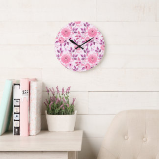 Grande Horloge Ronde Pink Floral Pattern  with Elegant Blossoms