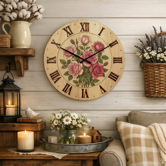 Grande Horloge Ronde Pink Garden Flowers Wall Clock (Créateur téléchargé)