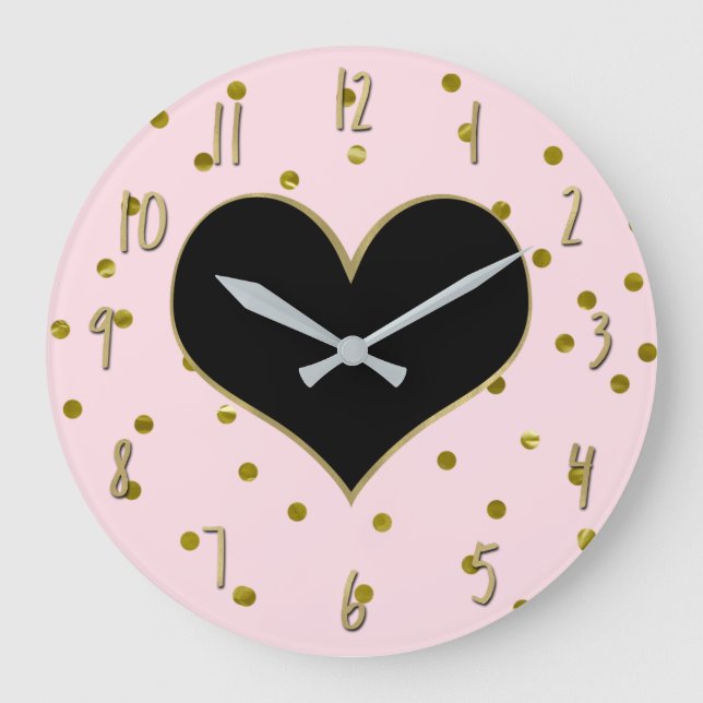 Grande Horloge Ronde Pink & Gold Heart Polka Dots Modern Trendy Cute (Recto)