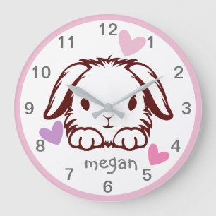 Grande Horloge Ronde Pink Grey Baby Animal Bunny Papillon Nursery