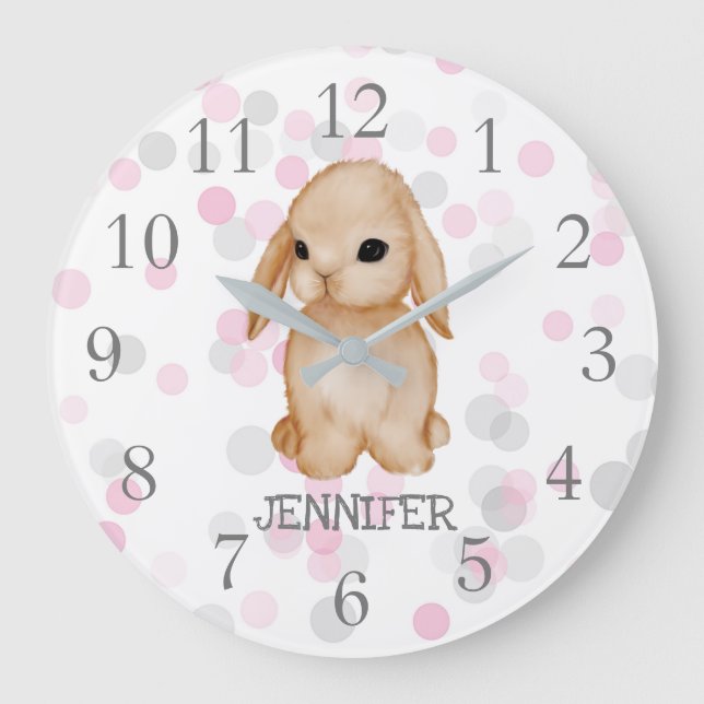 Grande Horloge Ronde Pink Grey Bunny Nursery Decor Wall Clock (Recto)