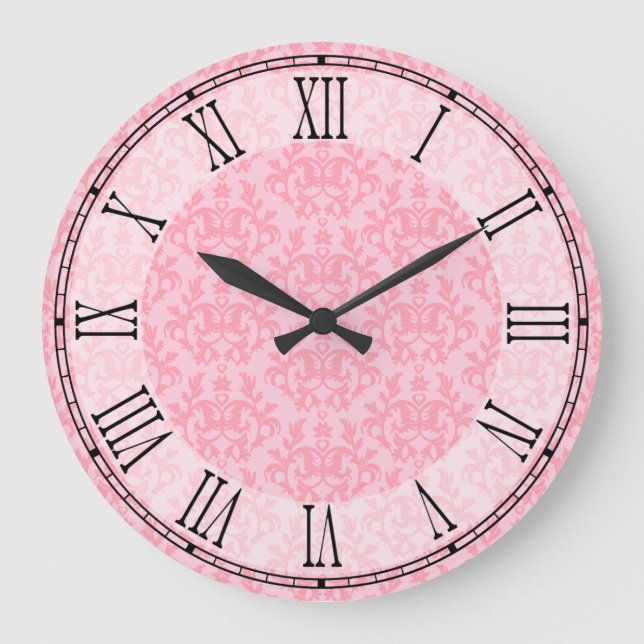 Grande Horloge Ronde Pink kangaroo paw & heart damask wall clock (Recto)