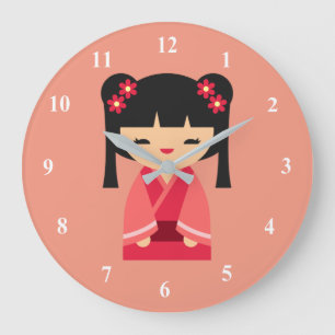 Grande Horloge Ronde Pink Kokeshi Japanese dolls