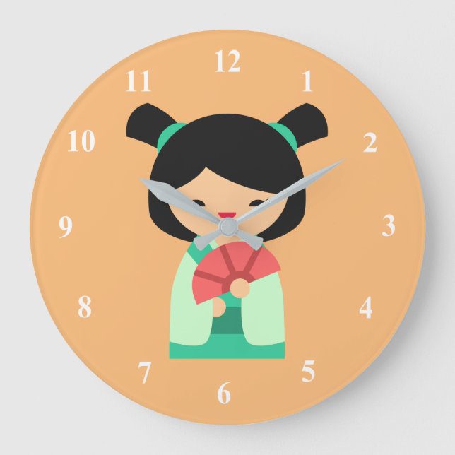 Grande Horloge Ronde Pink Kokeshi poupées japonaises (Recto)