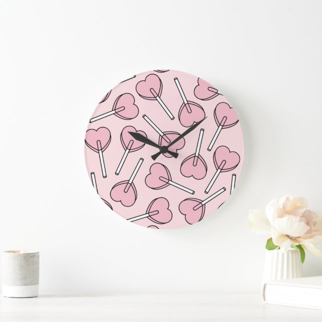Grande Horloge Ronde Pink Lollipops, Heart Lollipops, Lollipop Pattern (Maison)
