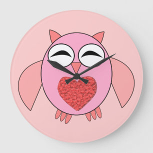 Grande Horloge Ronde Pink love heart Owl Wall Clock
