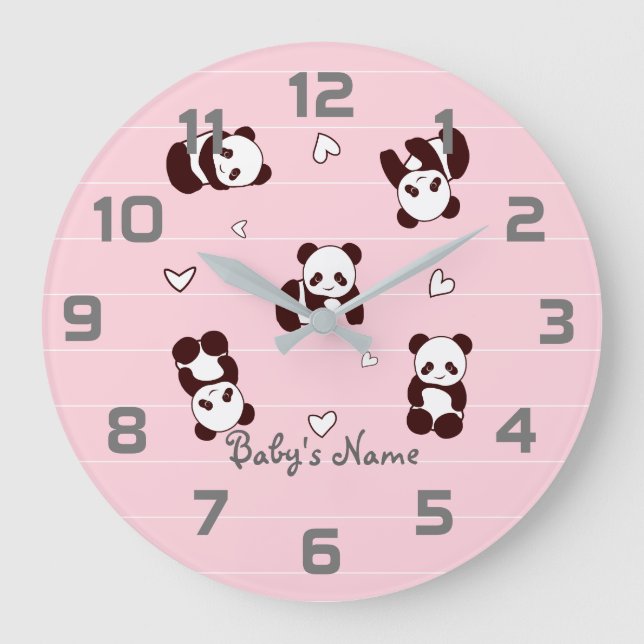 Grande Horloge Ronde Pink Panda Heart Nursery Decor Wall Clock (Recto)