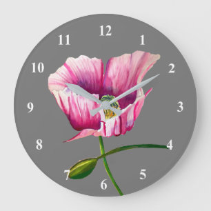 Grande Horloge Ronde Pink pavot aquarelle de fleurs art