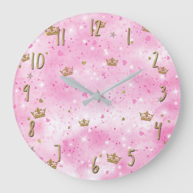 Grande Horloge Ronde Pink Princess Hearts Stars Crowns Parties scintill (Recto)