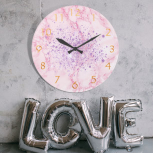 Grande Horloge Ronde Pink purple marble glitter sparkle