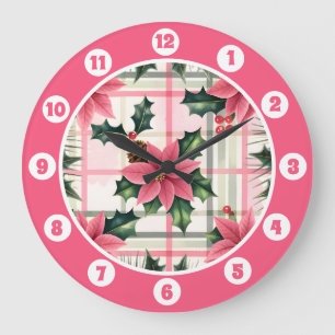 Grande Horloge Ronde Pink Retro Noël Floral Plaid Joyeux Noël