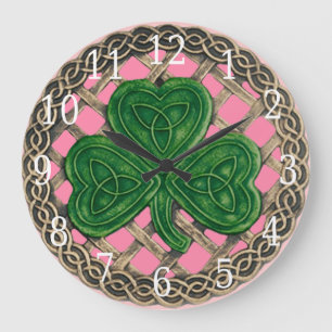 Grande Horloge Ronde Pink shamrock and celtic knots Round clock