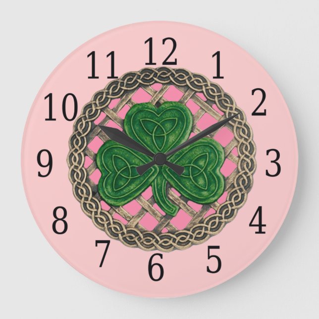 Grande Horloge Ronde Pink shamrock and celtic knots Round clock (Recto)