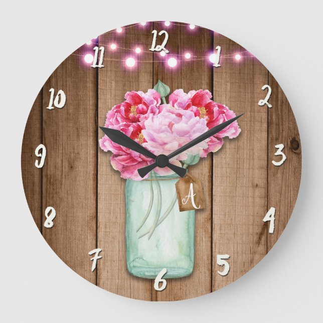 Grande Horloge Ronde Pink String Lights & Mason Jar Flowers Rustic Wood (Recto)