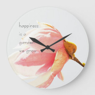 Grande Horloge Ronde Pink Tulip Tree Flower with Happiness Quote