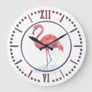 Grande Horloge Ronde Pink watercolor Flamingo .