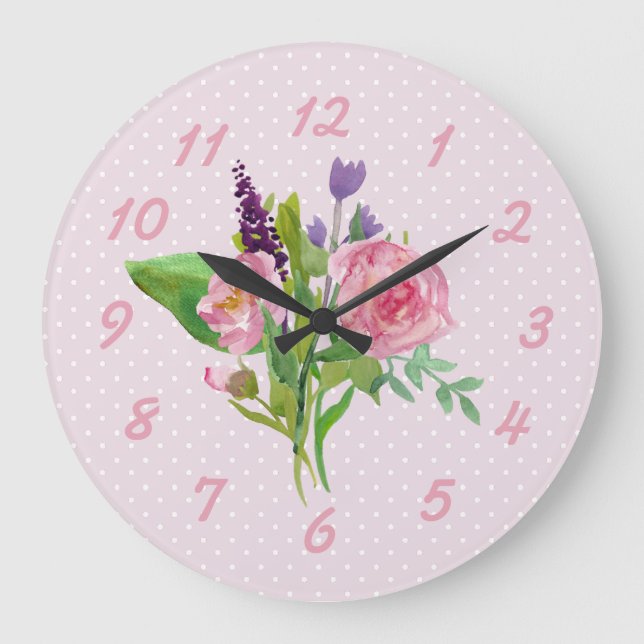 Grande Horloge Ronde Pink Watercolor Flowers and Polka Dot Wall Clock (Recto)