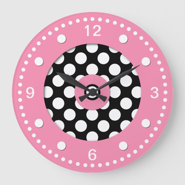 Grande Horloge Ronde Pink with Black and White Polka Dots Wall Clock (Recto)