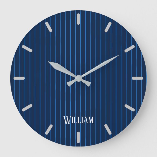 Grande Horloge Ronde Pinstripes bleu marine personnalisées (Recto)