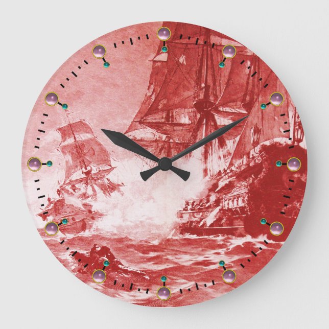 Grande Horloge Ronde PIRATE BATAILLE NAVIRE Rouge Nautique (Recto)
