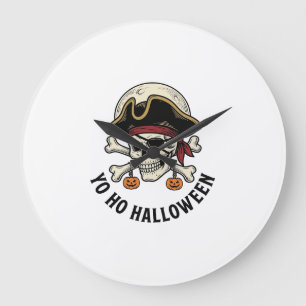 Grande Horloge Ronde Pirate Crâne Halloween Gravure Vintage Blanc Shi