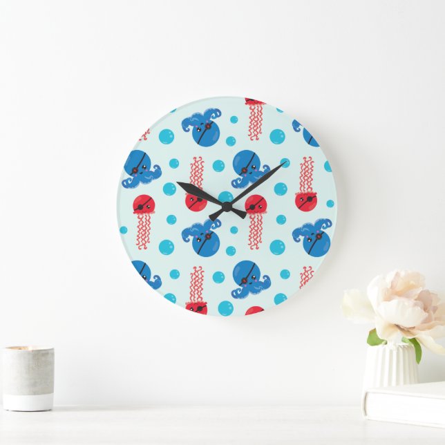 Grande Horloge Ronde Pirate Octopus, Pirate Jellyfish, Sea Animaux (Maison)
