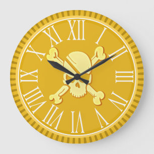 Grande Horloge Ronde Pirate Skull Gold Coin Treasure Dubloon
