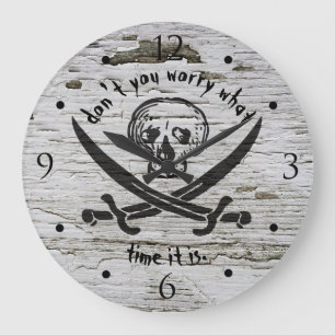 Grande Horloge Ronde Pirate Skull Warning on Weathered Wood