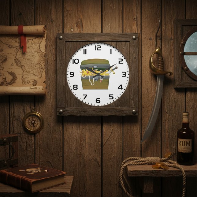 Grande Horloge Ronde Pirate Treasure Chest with Jewels and Sword (Créateur téléchargé)