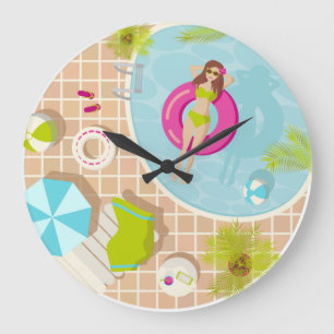Grande Horloge Ronde Piscine fille en bikini plage d'été