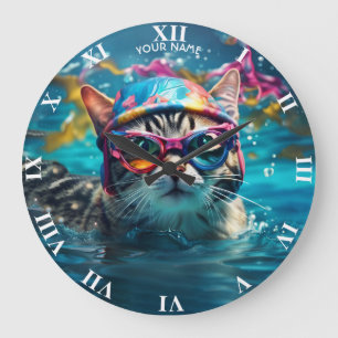 Grande Horloge Ronde Piscine Imaginaire Cute Cat