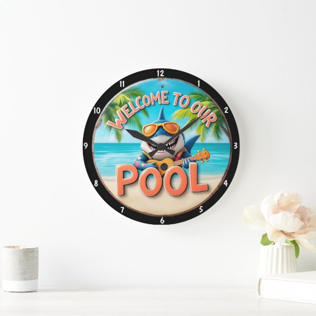 Grande Horloge Ronde Piscine tropicale Requin Jouer Guitare Vibes de va (Maison)