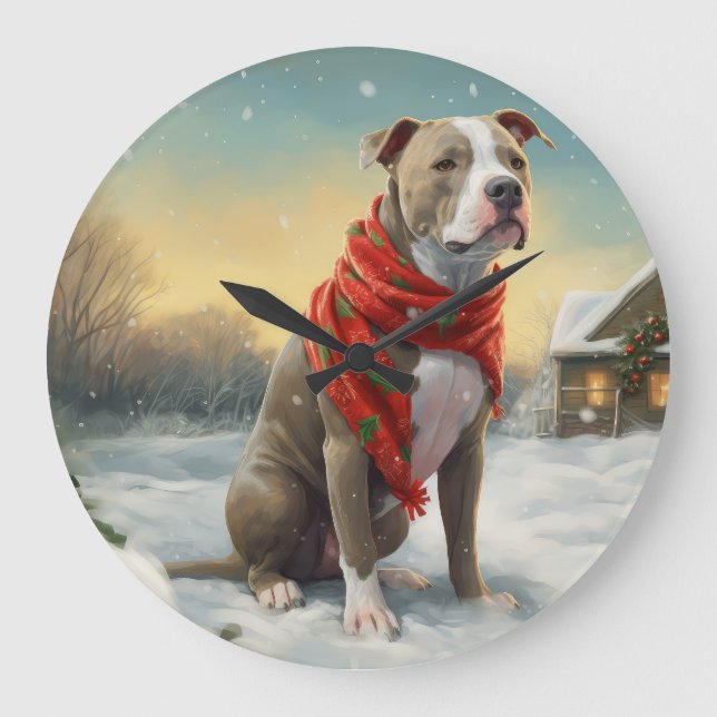 Grande Horloge Ronde Pitbull Chien dans Noël de neige (Recto)