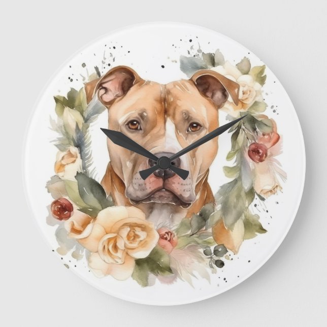 Grande Horloge Ronde Pitbull Christmas Wreath Festive Pup (Recto)