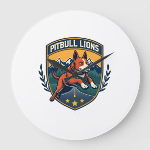 Grande Horloge Ronde Pitbull Lions Vintage Mascotte Badge Sportif Vecte